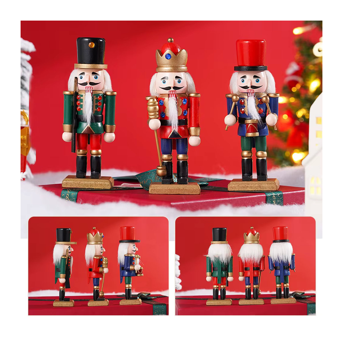 Dreiteiliges Set Nussknacker-Figuren aus Holz als hängende Weihnachtsornamente, mehrfarbig, Höhe: 15 cm - Bild 4