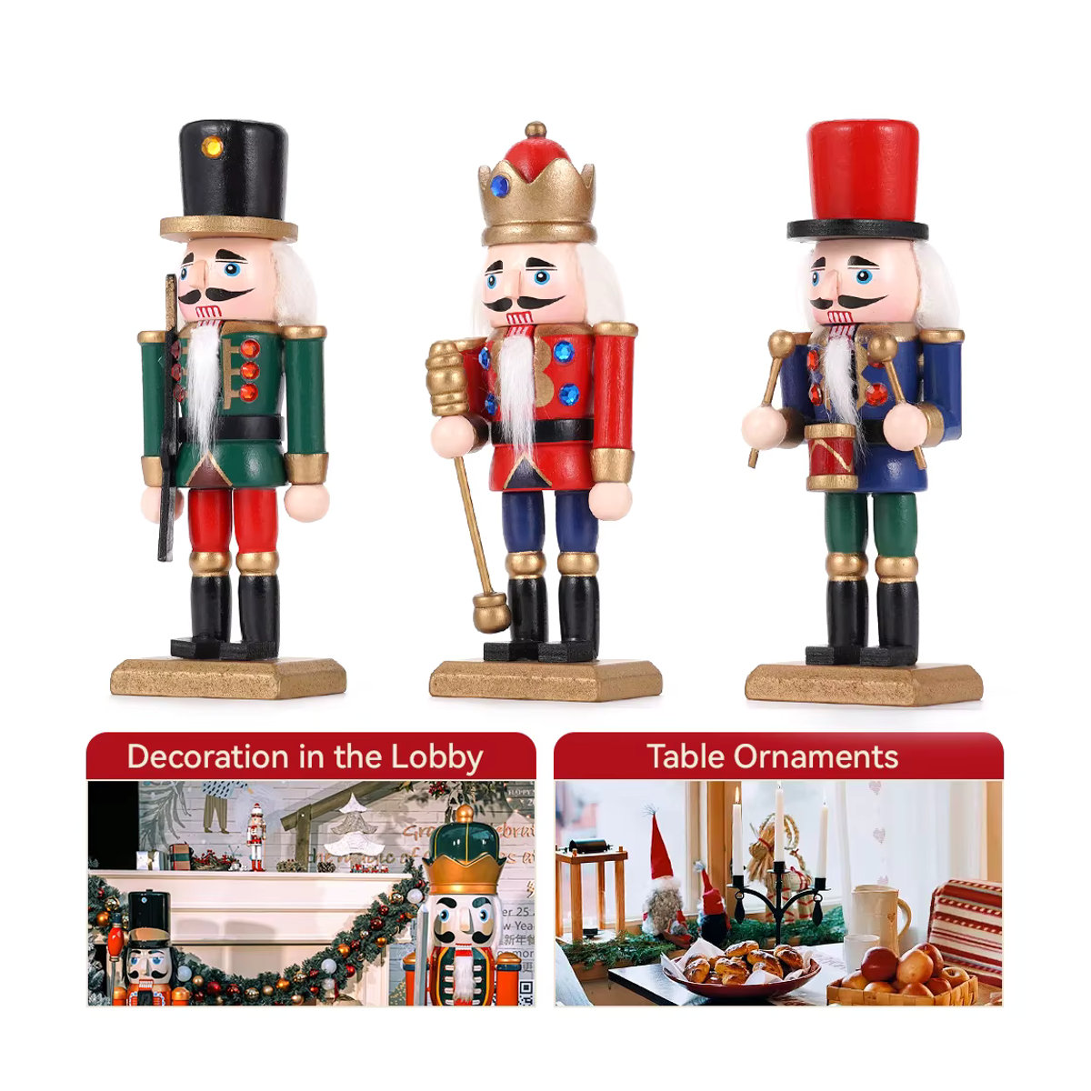 Dreiteiliges Set Nussknacker-Figuren aus Holz als hängende Weihnachtsornamente, mehrfarbig, Höhe: 15 cm - Bild 5
