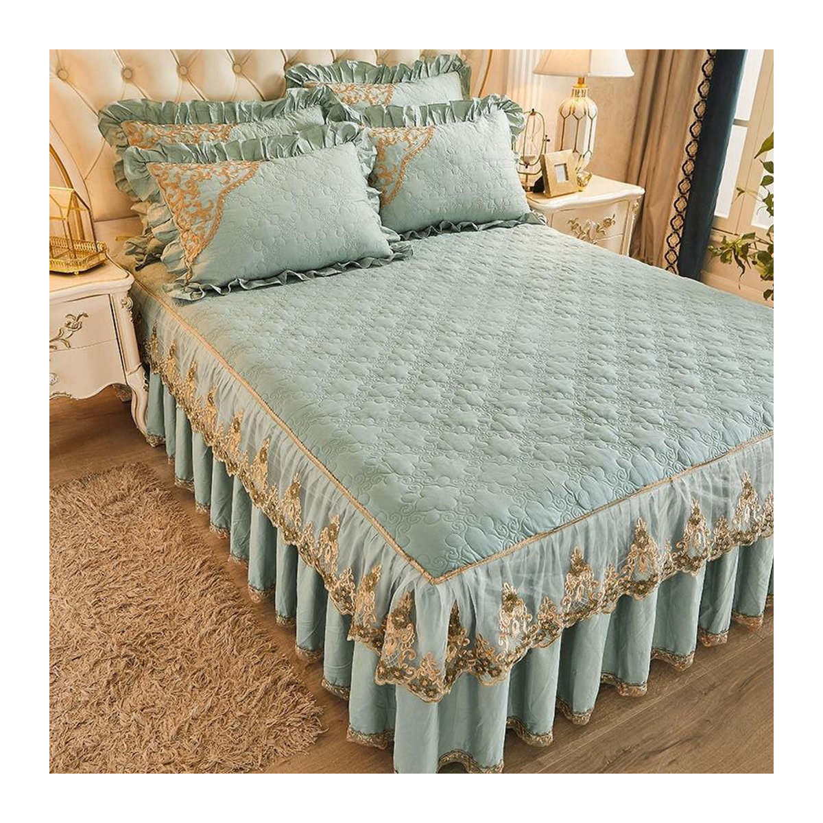 Dreiteiliges Tagesdecken-Set aus gesteppter Baumwolle mit Spitze in Grün, rutschfeste Bettvolant-Decke im europäischen Stil, B x L: 200 x 120 cm - Bild 2