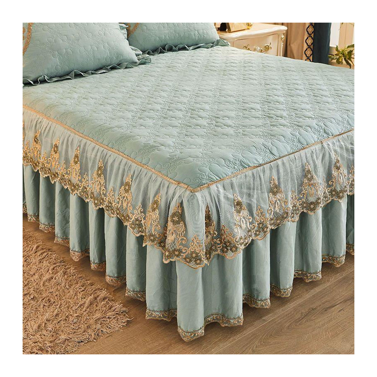 Dreiteiliges Tagesdecken-Set aus gesteppter Baumwolle mit Spitze in Grün, rutschfeste Bettvolant-Decke im europäischen Stil, B x L: 200 x 120 cm - Bild 3