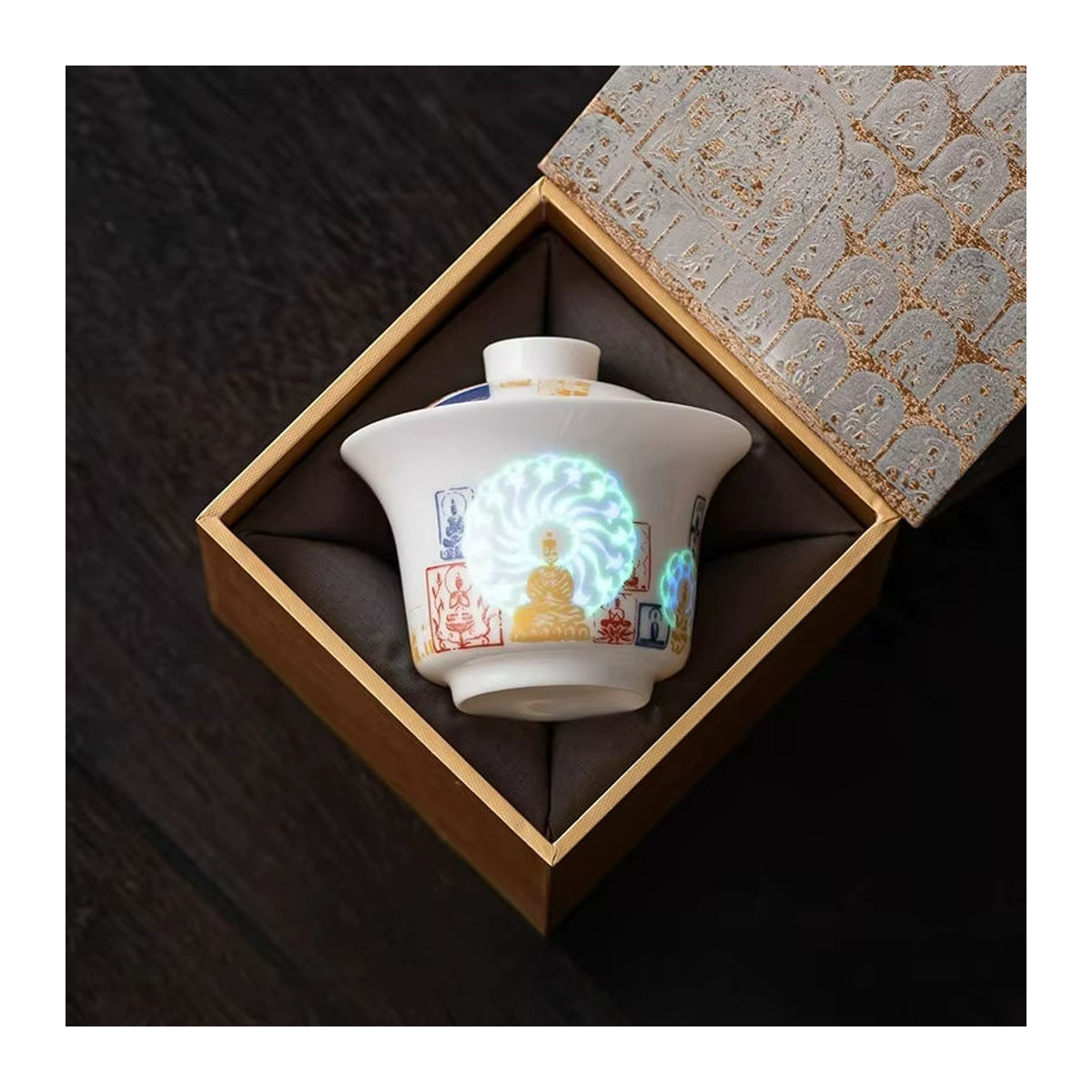 Dunhuang Glowing Face Buddha Teeset aus weißer Keramik mit leuchtender Abdeckungsschale für die Gongfu-Teezeremonie - Bild 2