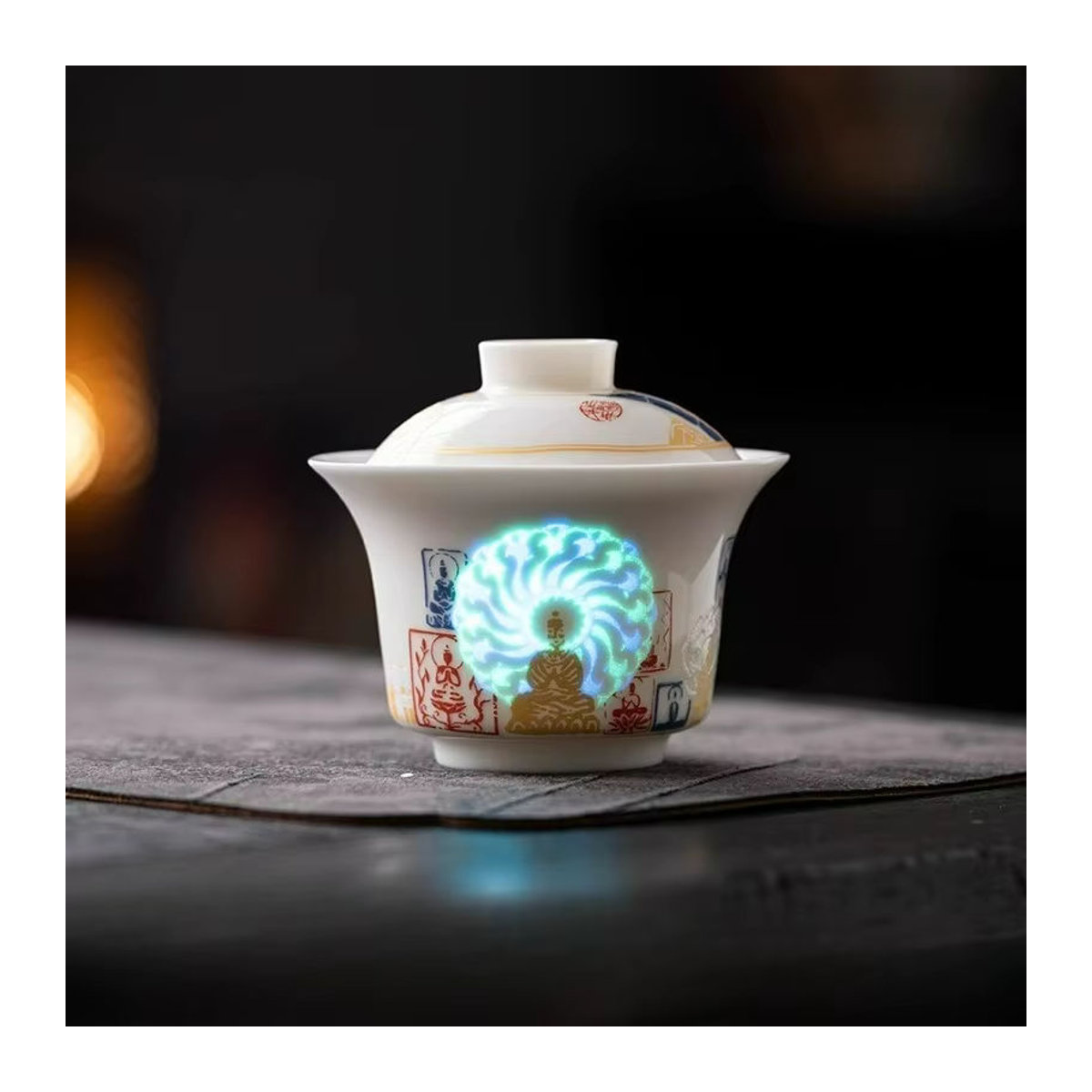 Dunhuang Glowing Face Buddha Teeset aus weißer Keramik mit leuchtender Abdeckungsschale für die Gongfu-Teezeremonie - Bild 3