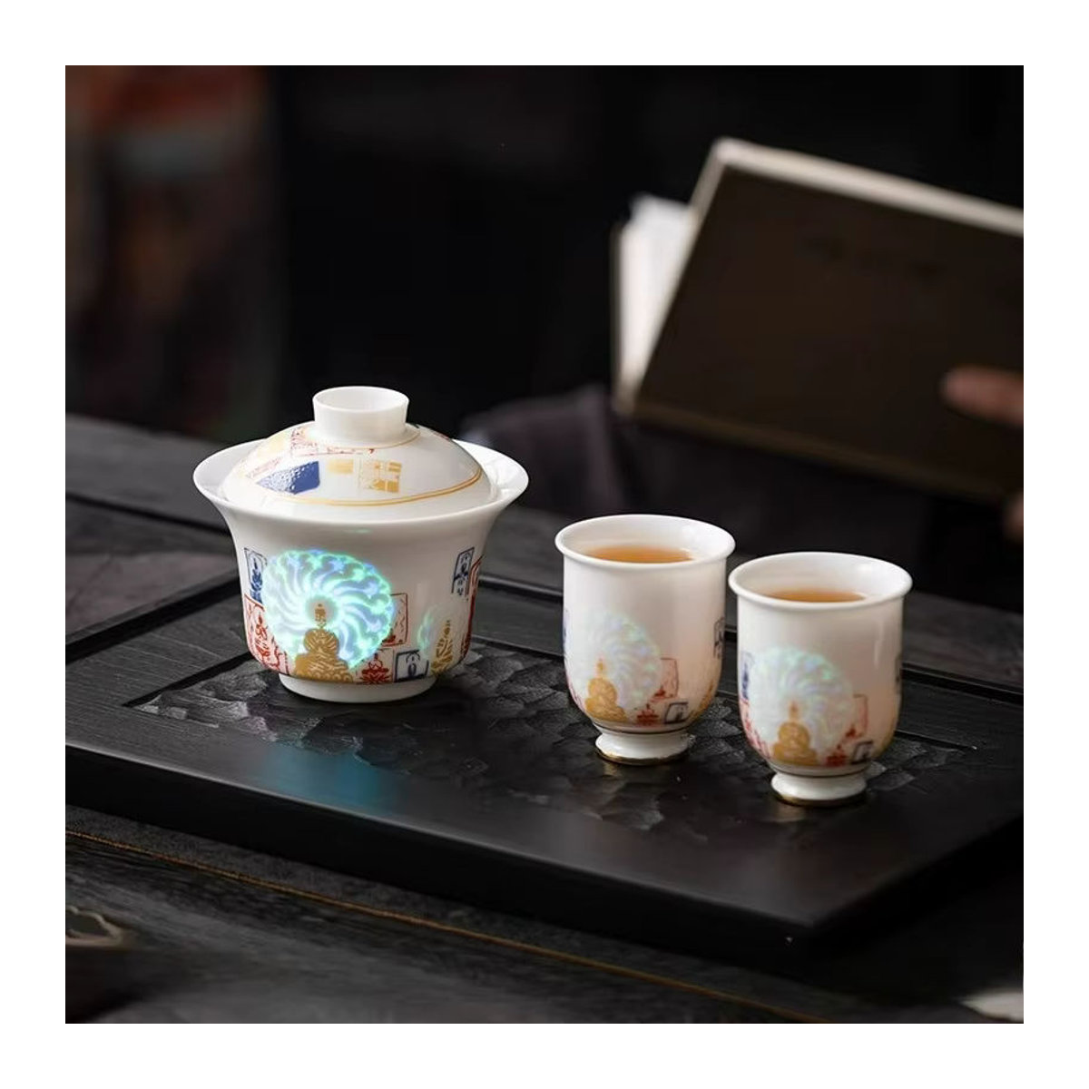 Dunhuang Glowing Face Buddha Teeset aus weißer Keramik mit leuchtender Abdeckungsschale für die Gongfu-Teezeremonie - Bild 4