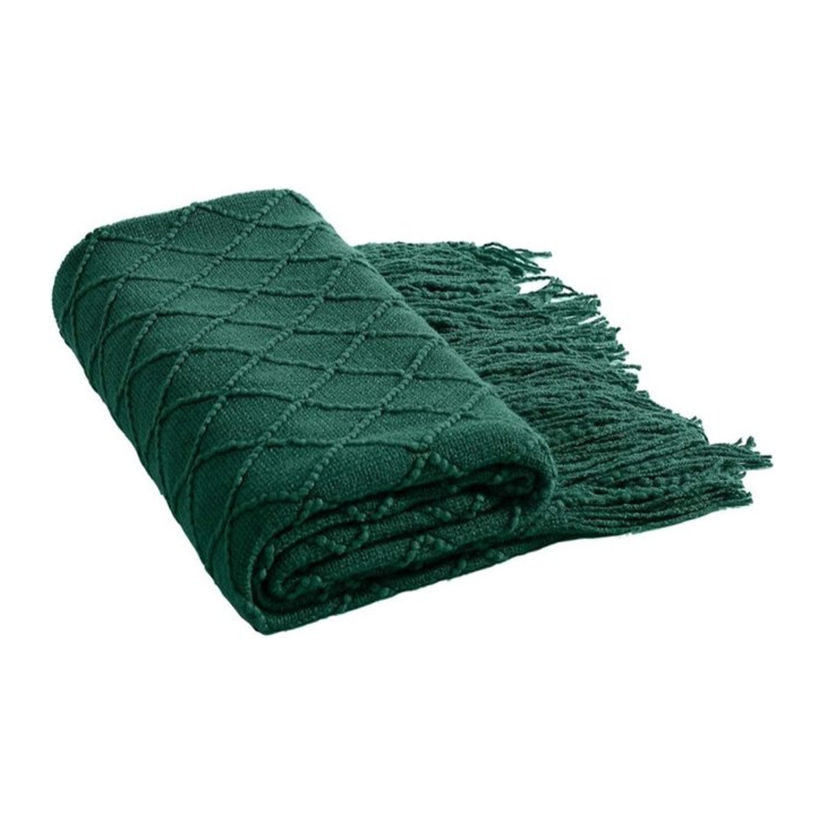 Dunkelgrüne gestrickte Wohndecke im Vintage-Stil mit Quasten für dein Sofa - Bild 1