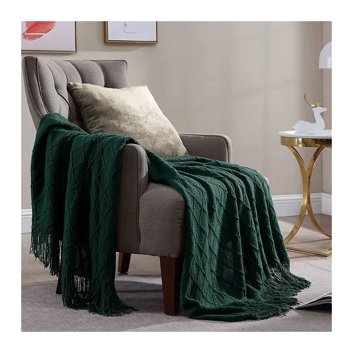 Dunkelgrüne gestrickte Wohndecke im Vintage-Stil mit Quasten für dein Sofa - Bild 4