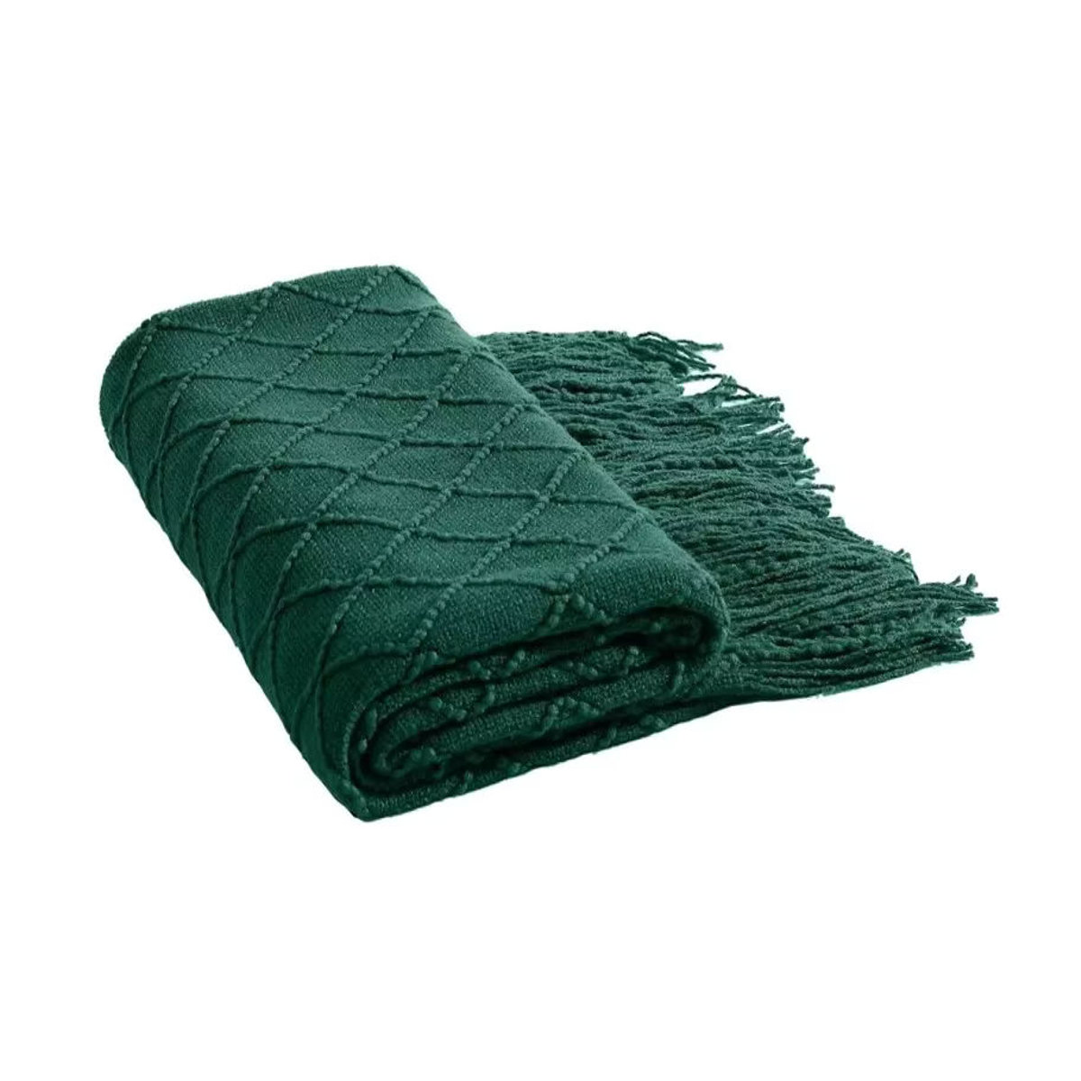 Dunkelgrüne gestrickte Wohndecke im Vintage-Stil mit Quasten für dein Sofa - Bild 7
