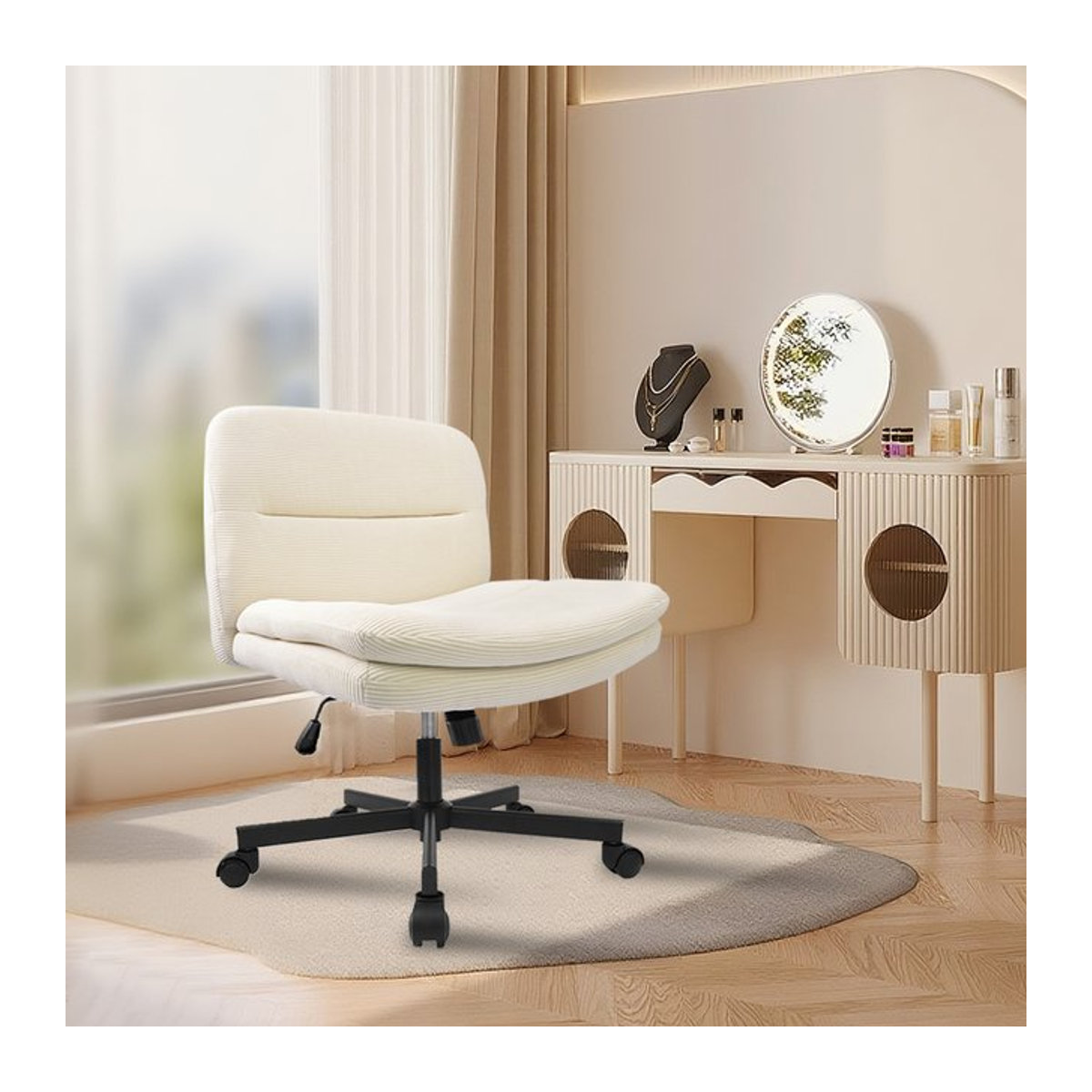 Durrafy Ergonomischer Bürostuhl und Esszimmerstuhl in Beige oder Weiß mit Stoffbezug und schwerkraftaktivierten Bremsrollen - Bild 1