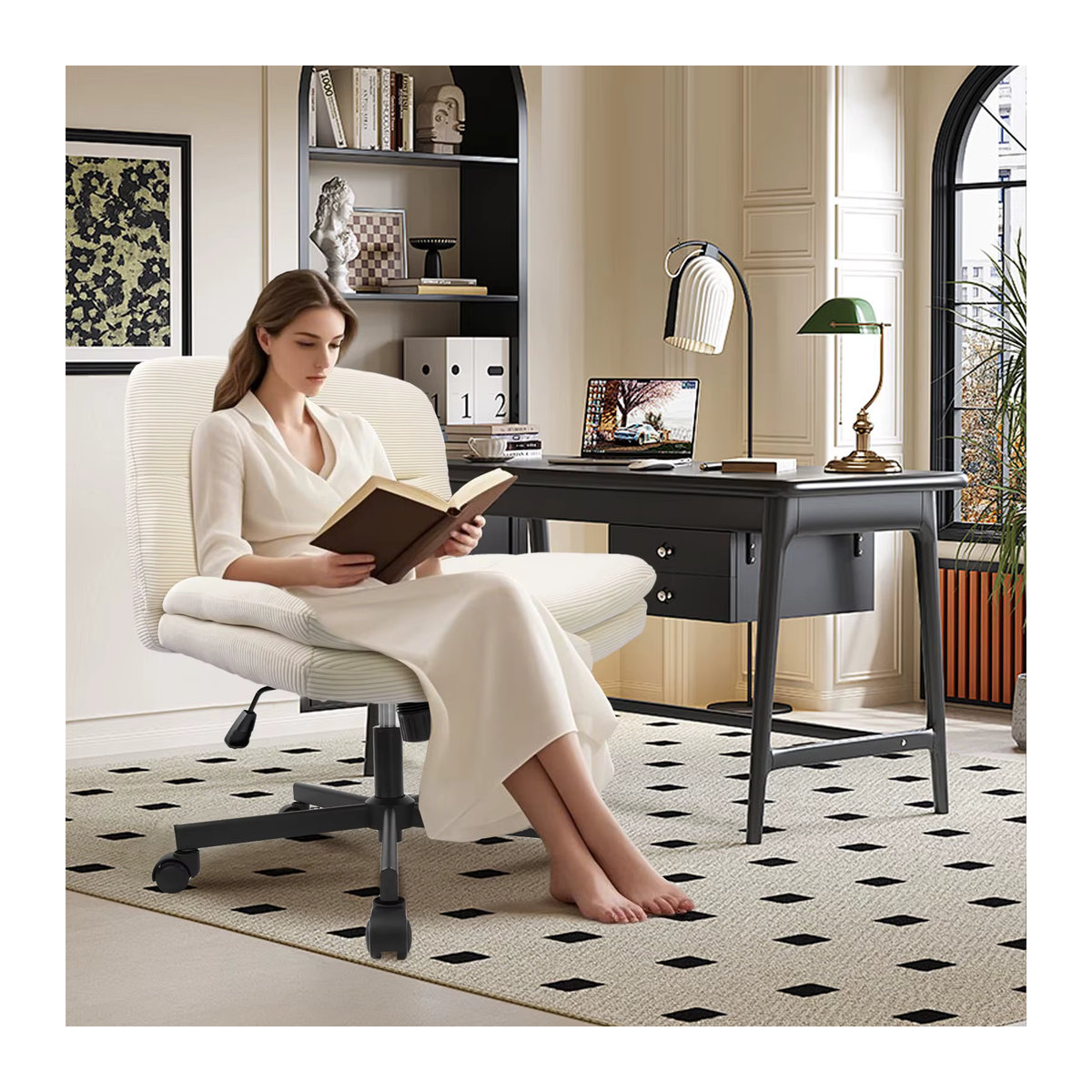 Durrafy Ergonomischer Bürostuhl und Esszimmerstuhl in Beige oder Weiß mit Stoffbezug und schwerkraftaktivierten Bremsrollen - Bild 3