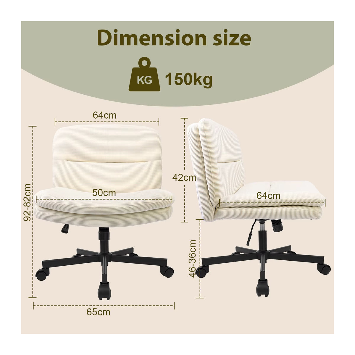 Durrafy Ergonomischer Bürostuhl und Esszimmerstuhl in Beige oder Weiß mit Stoffbezug und schwerkraftaktivierten Bremsrollen - Bild 4