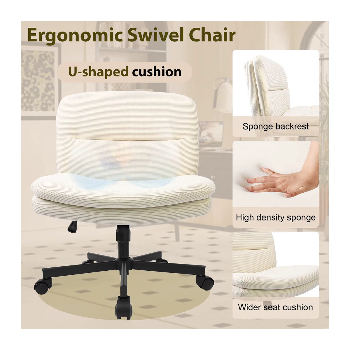 Durrafy Ergonomischer Bürostuhl und Esszimmerstuhl in Beige oder Weiß mit Stoffbezug und schwerkraftaktivierten Bremsrollen - Bild 6