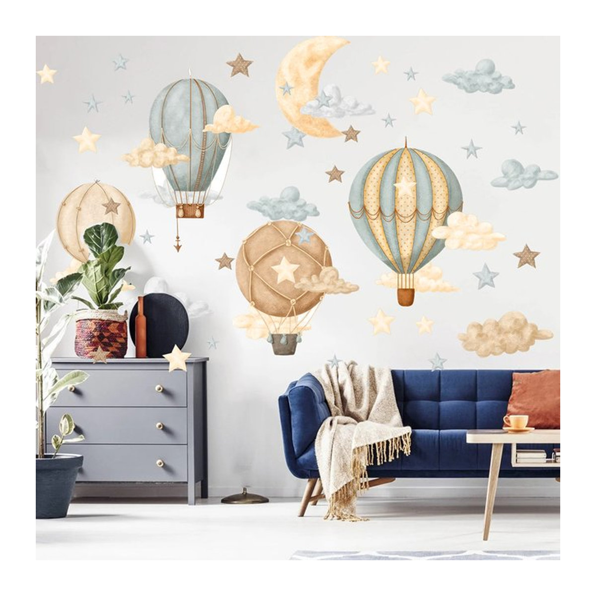 Duruibom Wandtattoo für Kinderzimmer mit Heißluftballons, Mond und Wolken im Vintage Aquarell-Stil, mehrfarbig - Bild 1