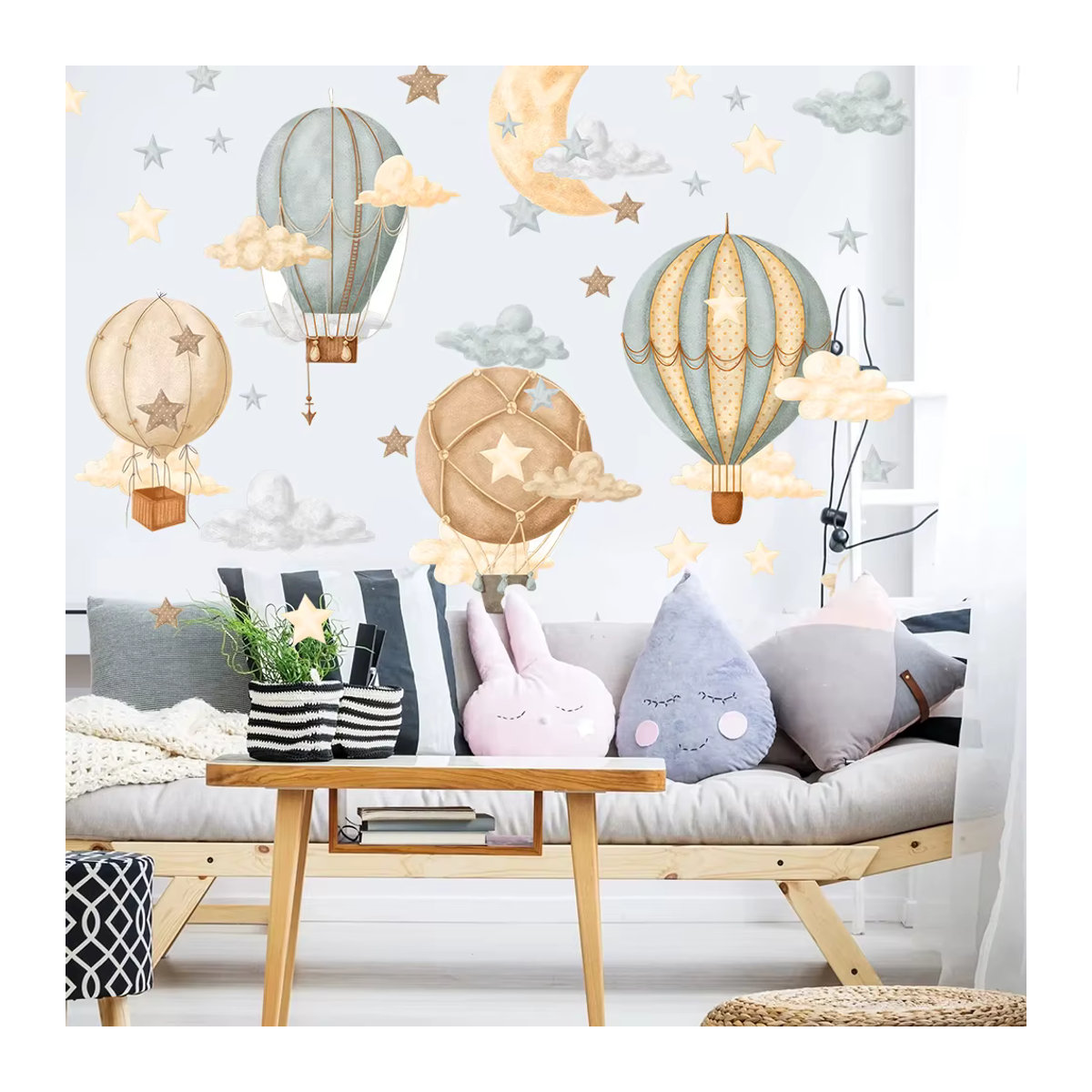 Duruibom Wandtattoo für Kinderzimmer mit Heißluftballons, Mond und Wolken im Vintage Aquarell-Stil, mehrfarbig - Bild 2