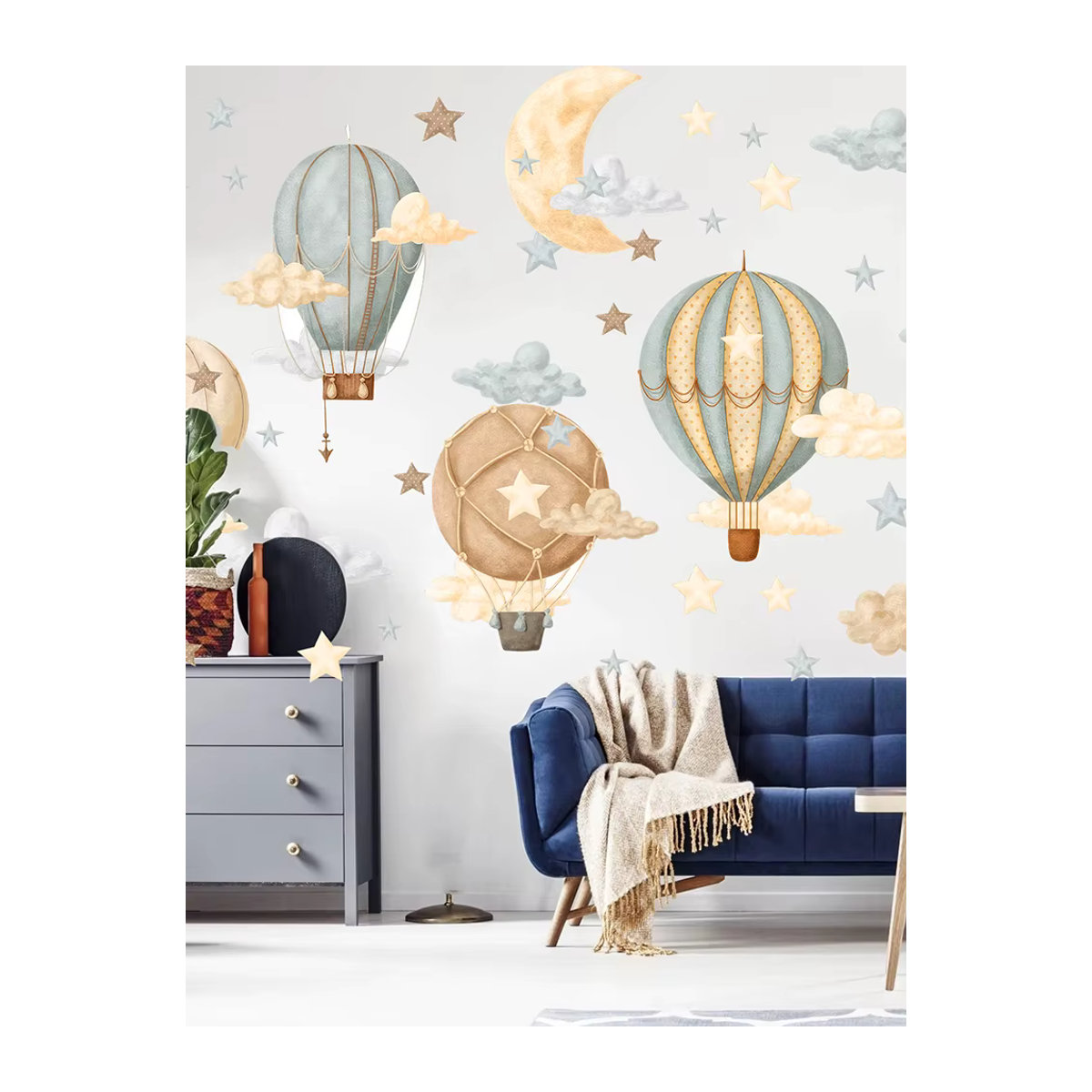 Duruibom Wandtattoo für Kinderzimmer mit Heißluftballons, Mond und Wolken im Vintage Aquarell-Stil, mehrfarbig - Bild 4
