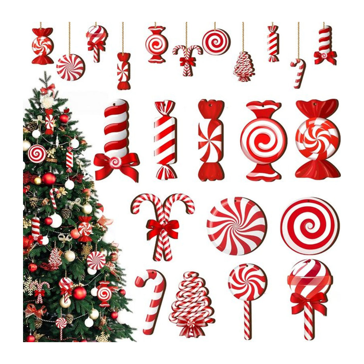 DUTRIEUX 12 Stück Weihnachts-Zuckerstangen Holzornamente in Rot-Weiß gestreift als Hängeornamente für den Weihnachtsbaum und die Heimdekoration - Bild 1