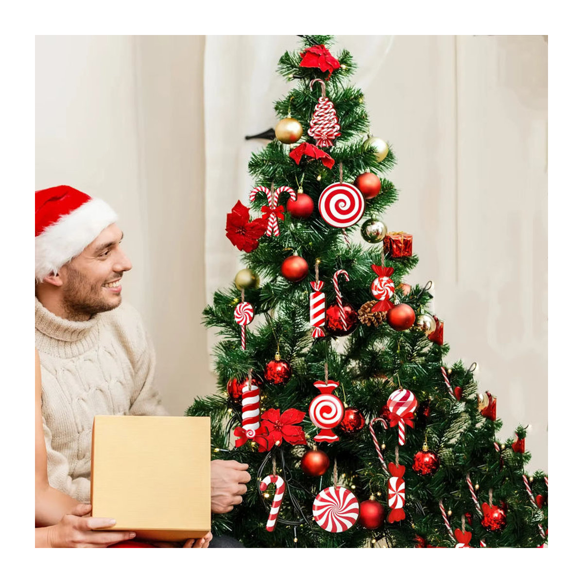 DUTRIEUX 12 Stück Weihnachts-Zuckerstangen Holzornamente in Rot-Weiß gestreift als Hängeornamente für den Weihnachtsbaum und die Heimdekoration - Bild 2