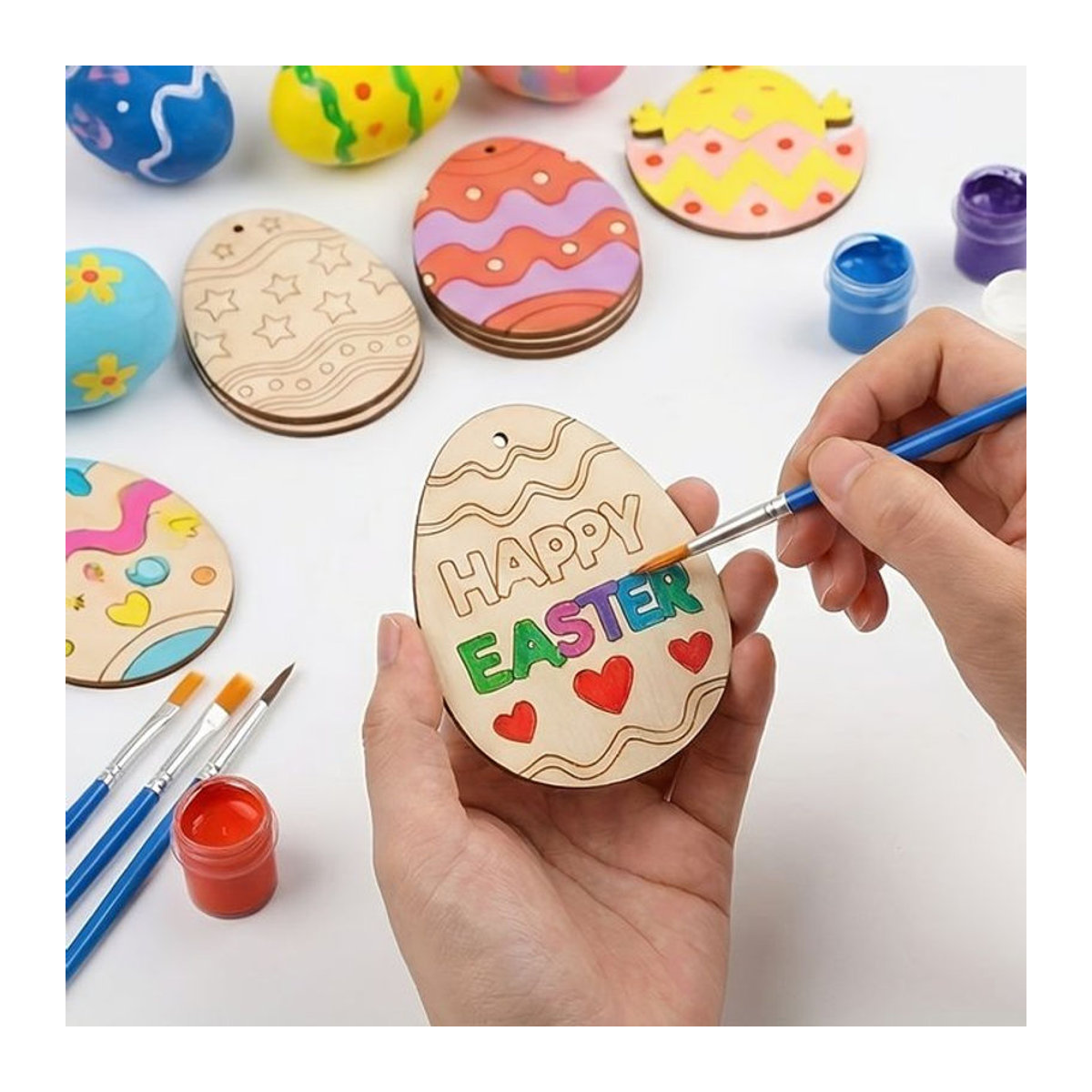 DUTRIEUX 16 Stück Oster-Holzei-Ornamente in Mehrfarbig, Blanko Holzformen mit Schnur für DIY-Basteleien und Frühlingsdekoration zum Aufhängen - Bild 1