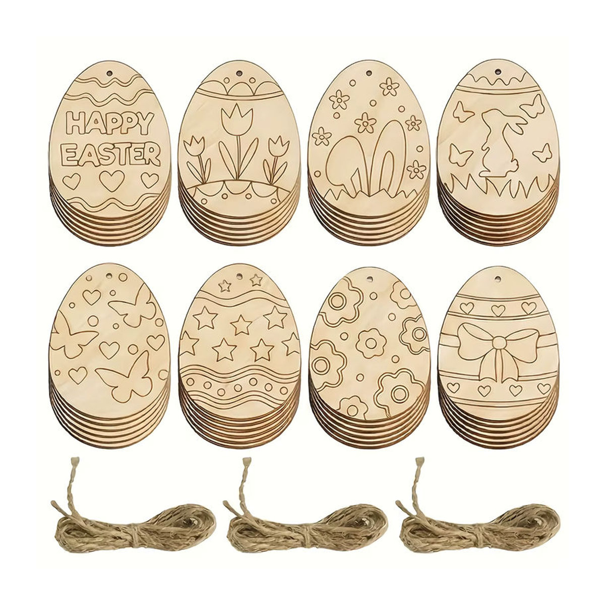 DUTRIEUX 16 Stück Oster-Holzei-Ornamente in Mehrfarbig, Blanko Holzformen mit Schnur für DIY-Basteleien und Frühlingsdekoration zum Aufhängen - Bild 2