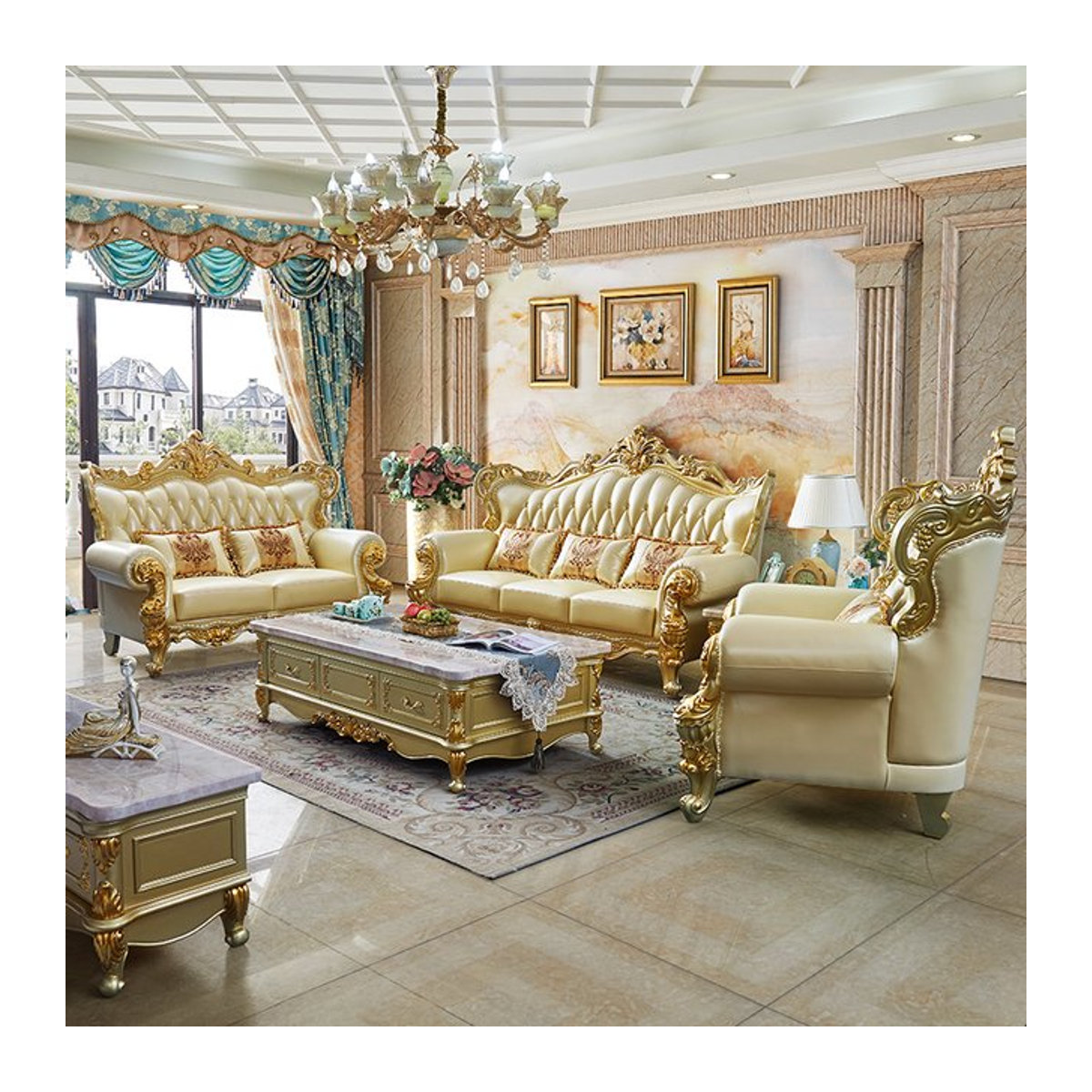 DUTRIEUX 2-Sitzer Loungesessel im Mid-Century Design aus Kunstleder, Beige, B: 140 cm, T: 120 cm, H: 140 cm - Bild 1