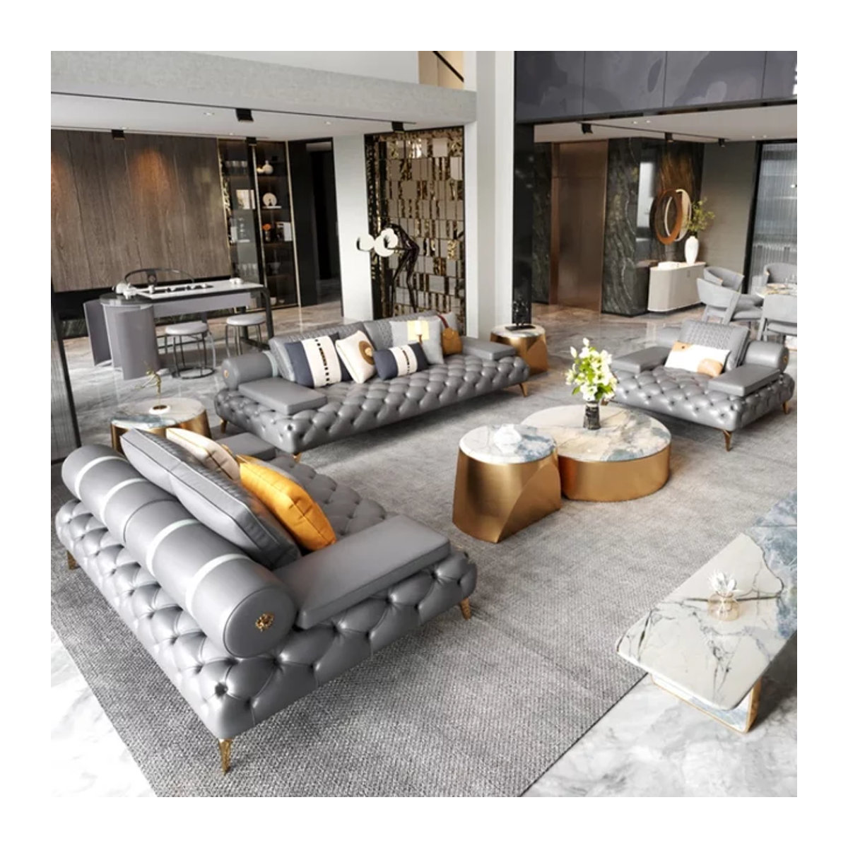 DUTRIEUX 3-teiliges Sofa-Set aus echtem Leder in Grau im modernen Luxus-Designer-Stil - Bild 1