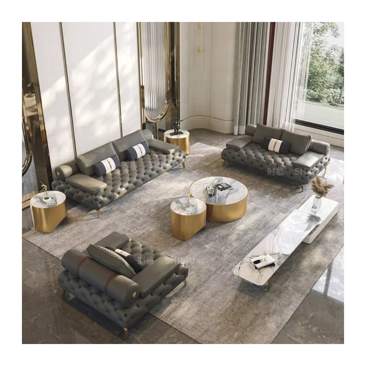 DUTRIEUX 3-teiliges Sofa-Set aus echtem Leder in Grau im modernen Luxus-Designer-Stil - Bild 5