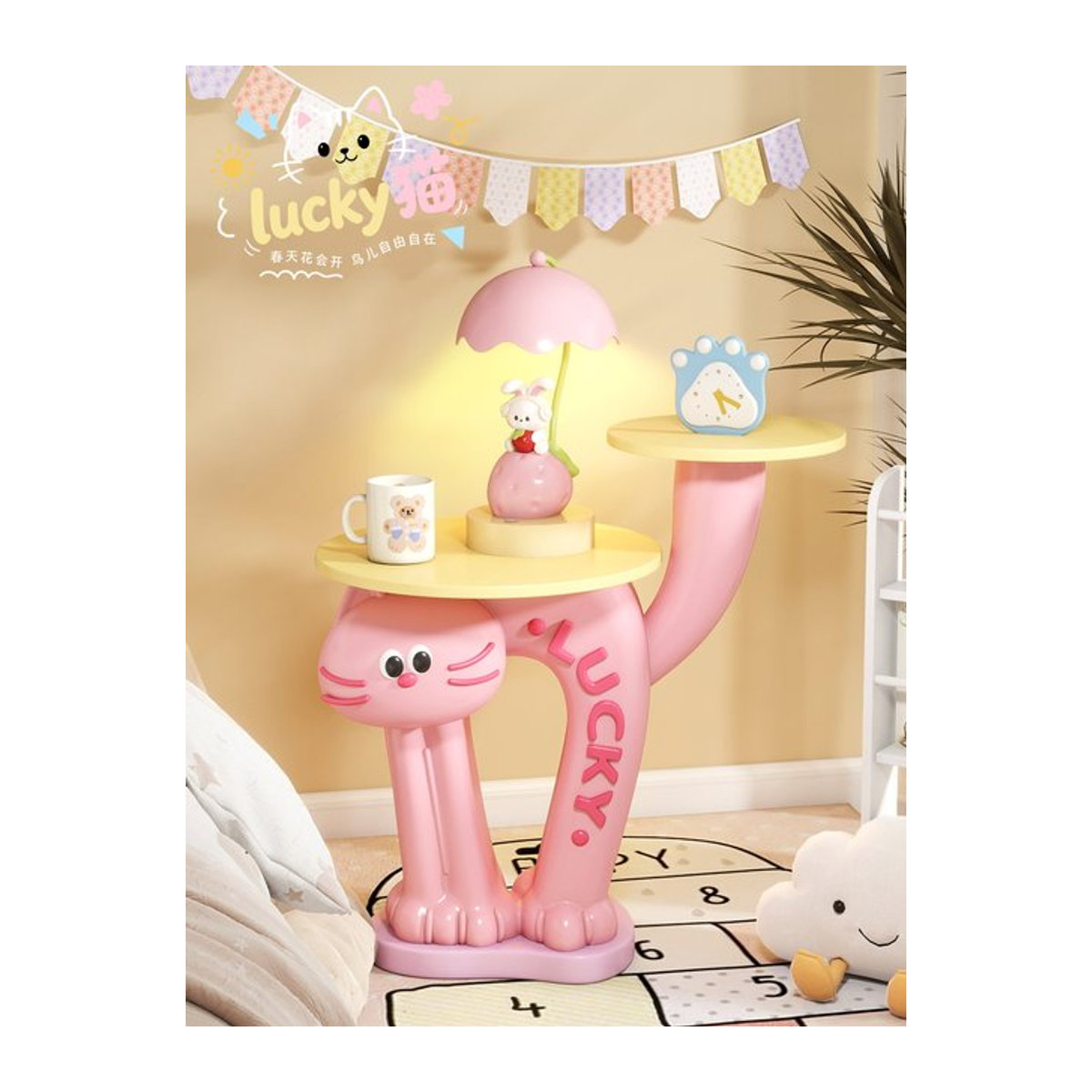 DUTRIEUX Beistelltisch mit Katzen-Cartoon-Motiv und Bodenornament in Gelb oder Pink - Bild 1