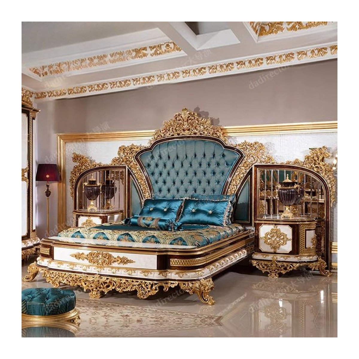 DUTRIEUX Designer Bett aus Samt in Blau, Klassisches Design für Erwachsene, B/T/H: 180 x 200 x 180 cm - Bild 1