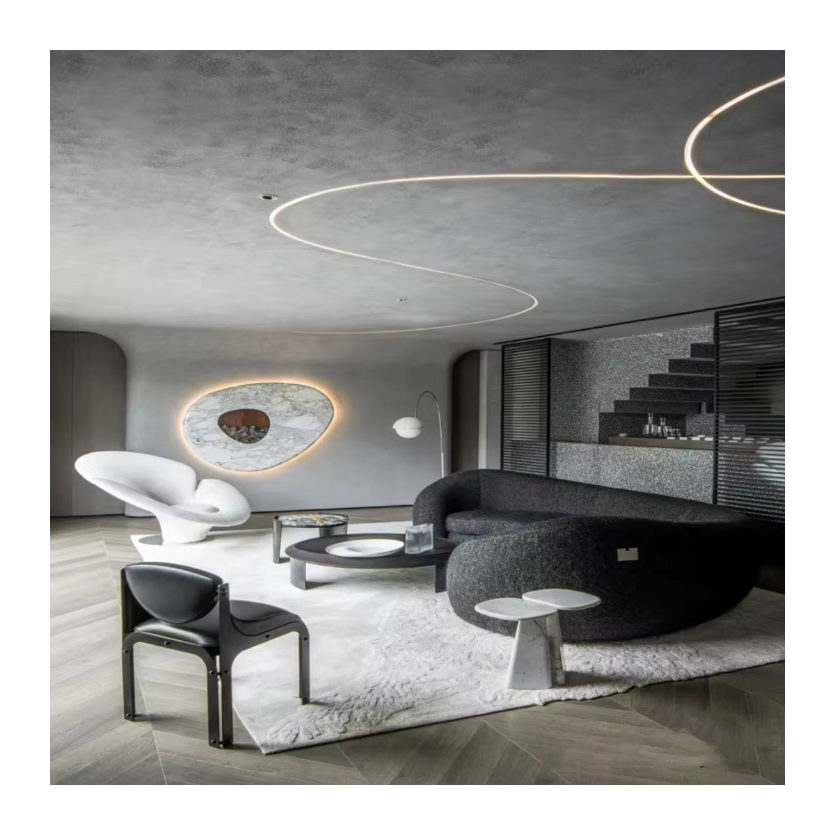 DUTRIEUX Designer Sofa in gebogener Form mit Bouclé-Stoff in Grau und Schwarz - Bild 1