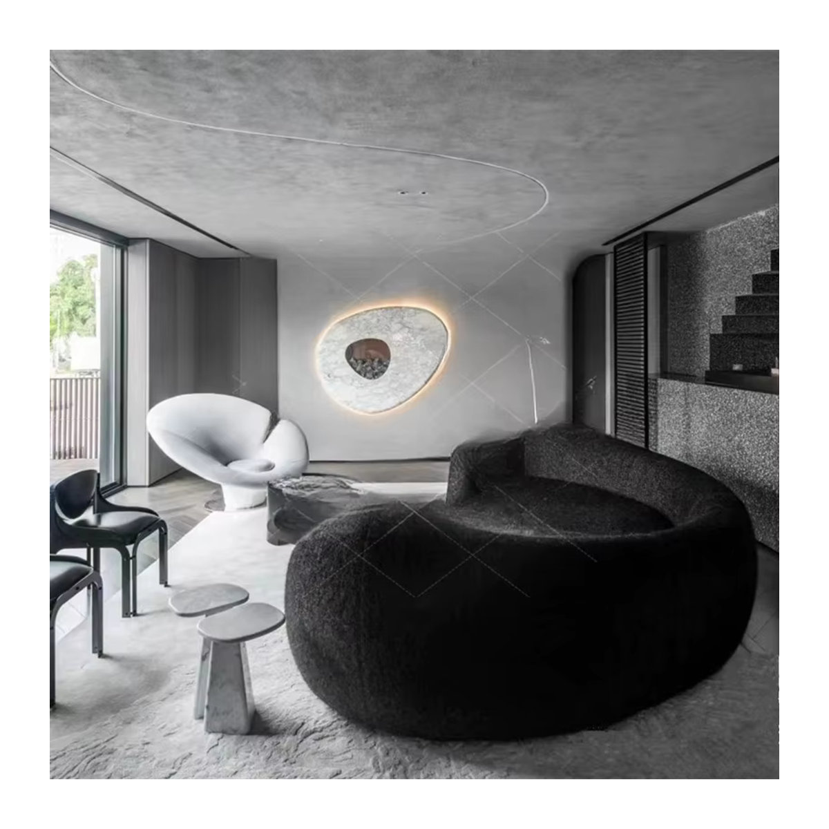 DUTRIEUX Designer Sofa in gebogener Form mit Bouclé-Stoff in Grau und Schwarz - Bild 2