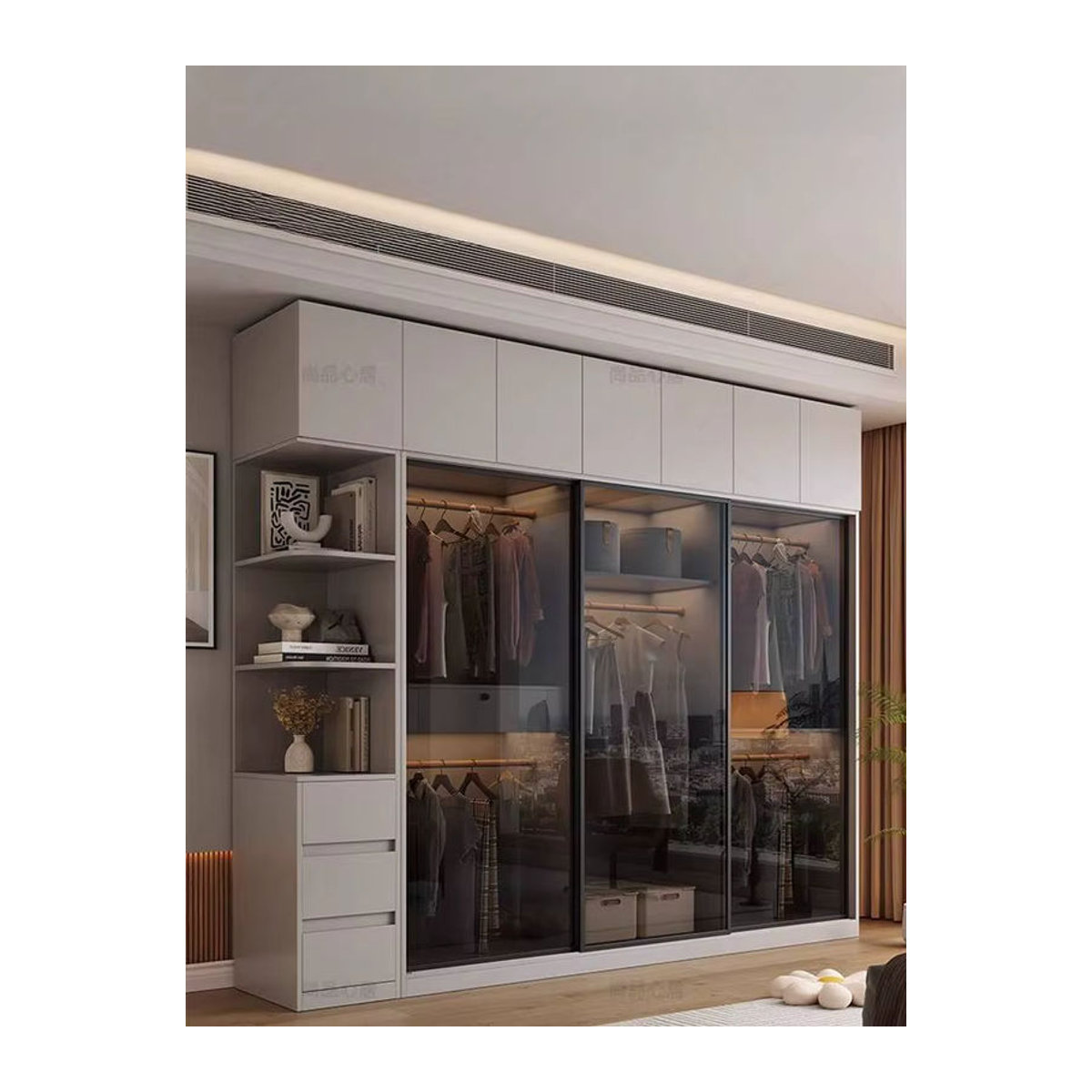 DUTRIEUX Eck-Kleiderschrank mit Schubladen und offenem Design in Weiß, Modernes Platzspar-Möbelstück - Bild 7