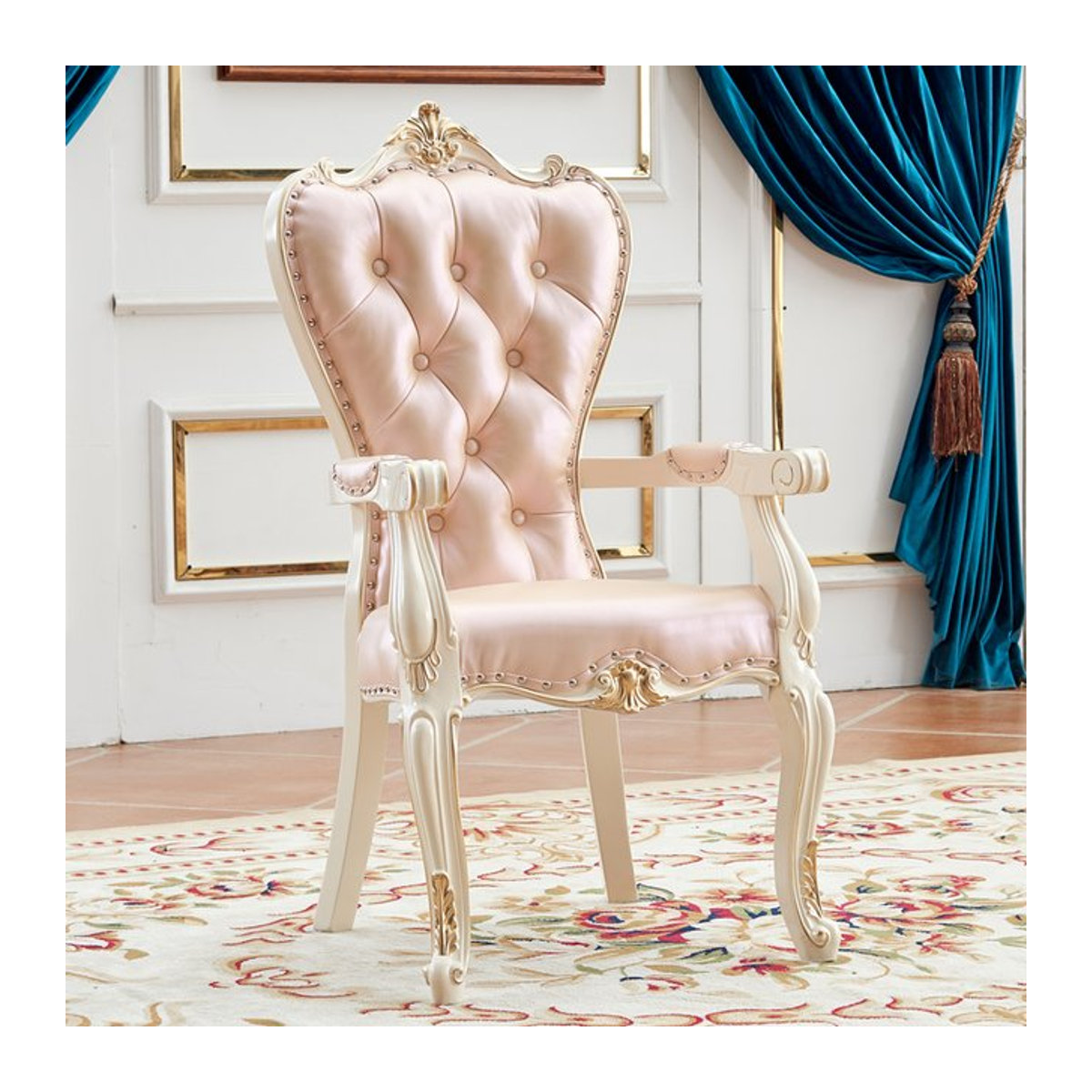 DUTRIEUX Esszimmerstuhl Prinzessin Faul Thron Luxus Lounge Stuhl aus Massivholz in Rosa im klassischen Design - Bild 1