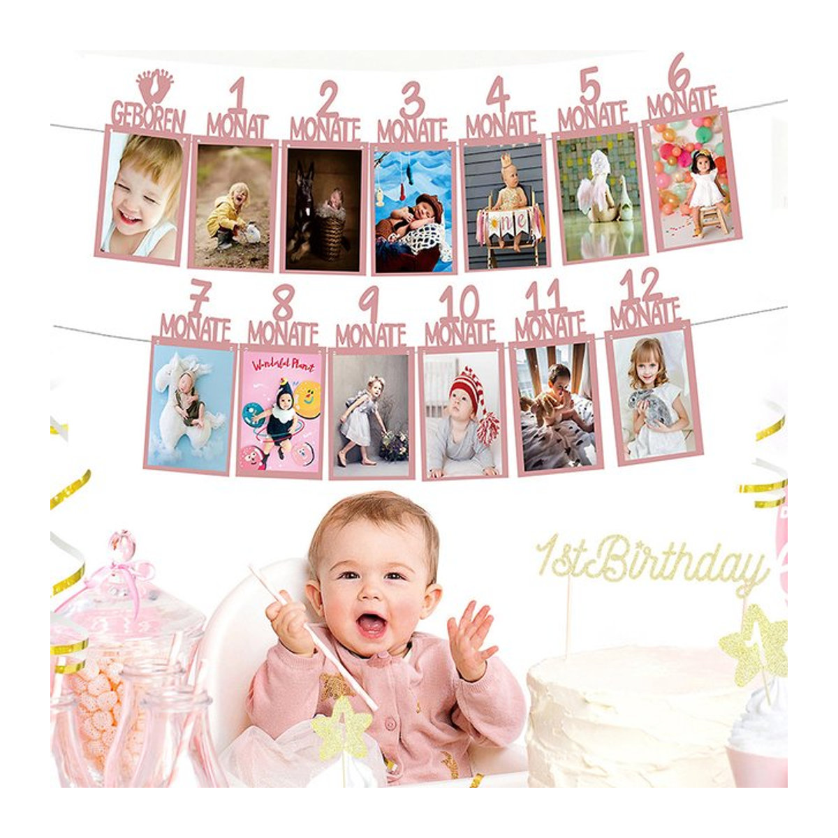 DUTRIEUX Fotogirlande für den 1. Geburtstag deines Babys, Rosa, mit 12 Foto-Clips und Sternen im skandinavischen Design - Bild 1
