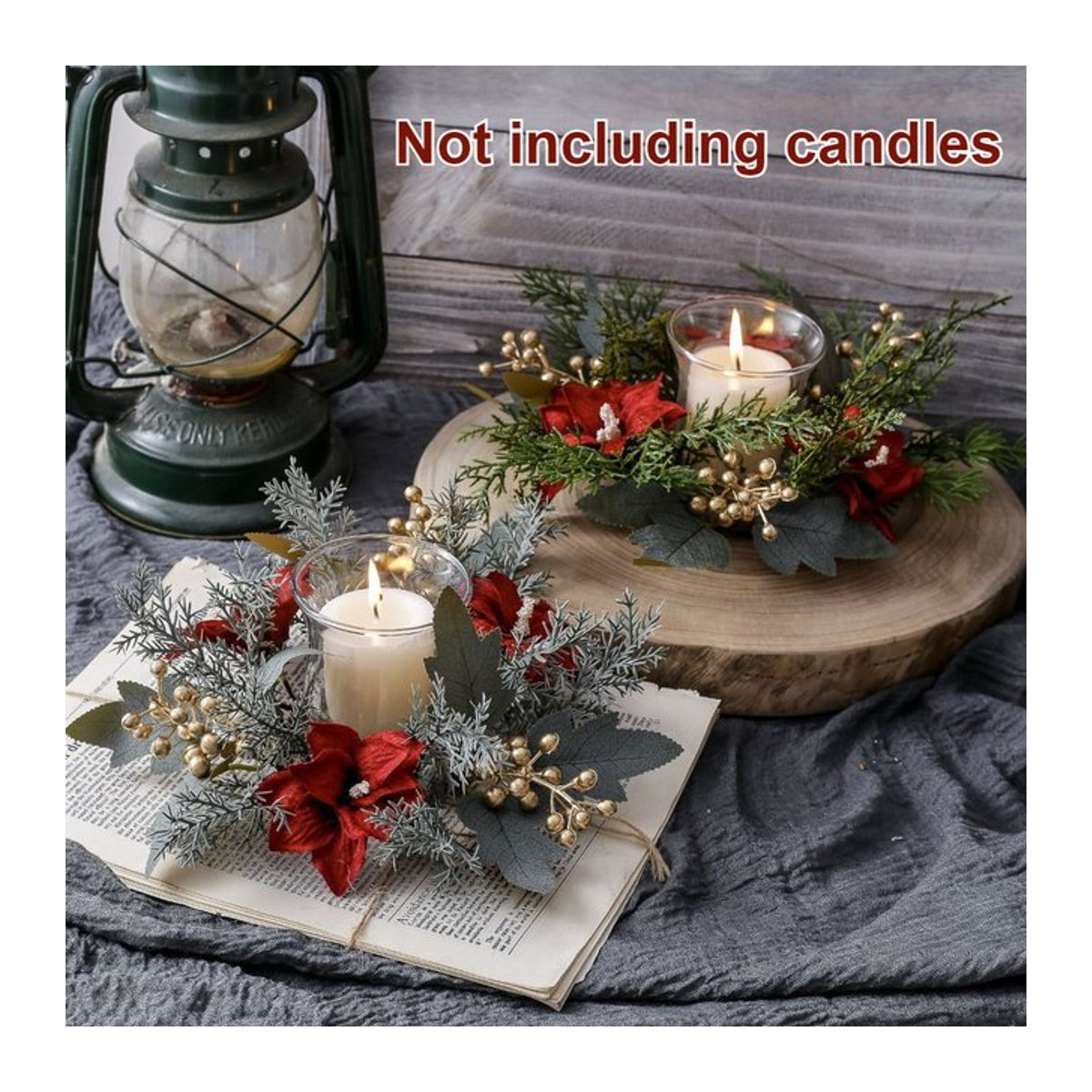 DUTRIEUX Kerzenkranz Girlande mit roten Weihnachtssternen und grünen Kiefern für Weihnachten, Hochzeit und Valentinstag - Bild 1