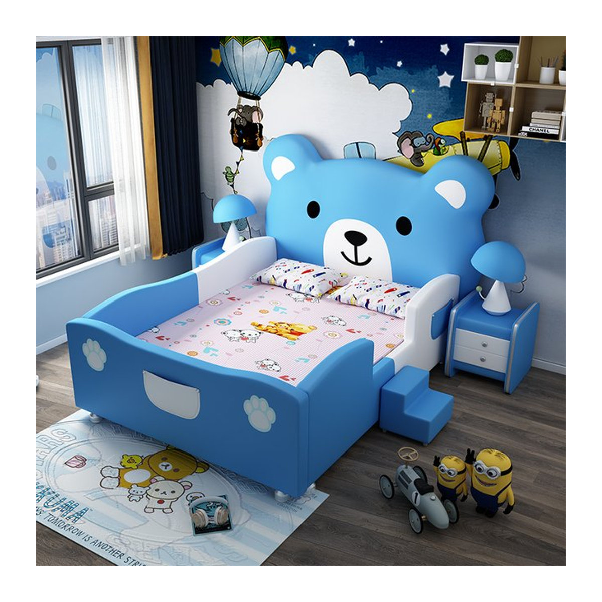DUTRIEUX Kinderbett aus Massivholz mit Cartoon Bär Design und Leitplanke, Blau, Breite: 150 cm - Bild 1