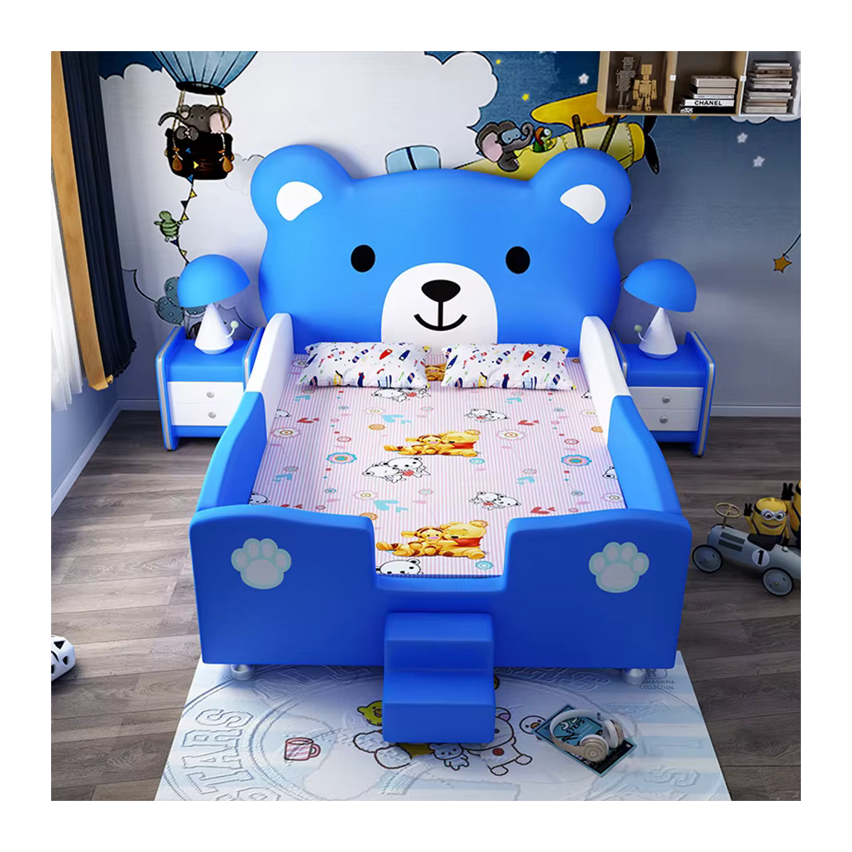 DUTRIEUX Kinderbett aus Massivholz mit Cartoon Bär Design und Leitplanke, Blau, Breite: 150 cm - Bild 2