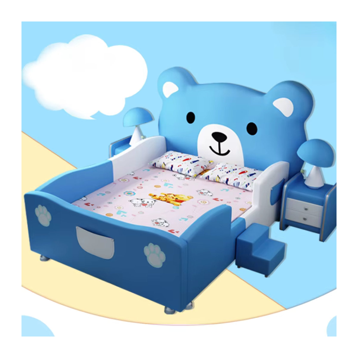 DUTRIEUX Kinderbett aus Massivholz mit Cartoon Bär Design und Leitplanke, Blau, Breite: 150 cm - Bild 3