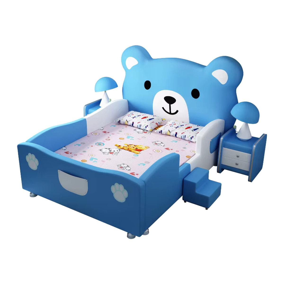 DUTRIEUX Kinderbett aus Massivholz mit Cartoon Bär Design und Leitplanke, Blau, Breite: 150 cm - Bild 4