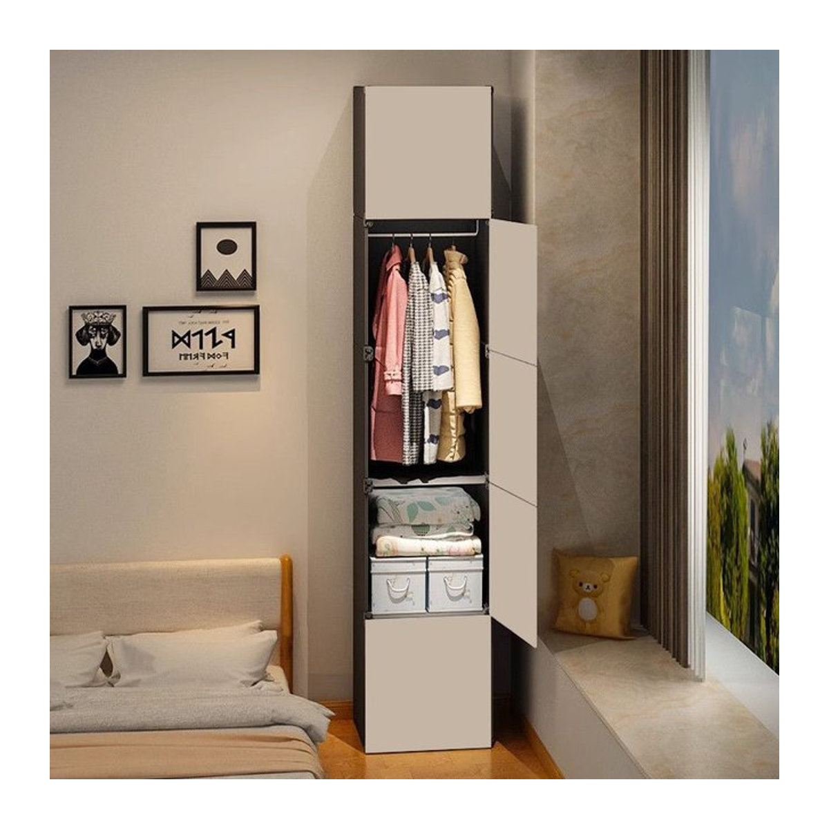 DUTRIEUX Kleiderschrank in Weiß im skandinavischen Design mit Drehtüren aus Holz und Stoff - Bild 1