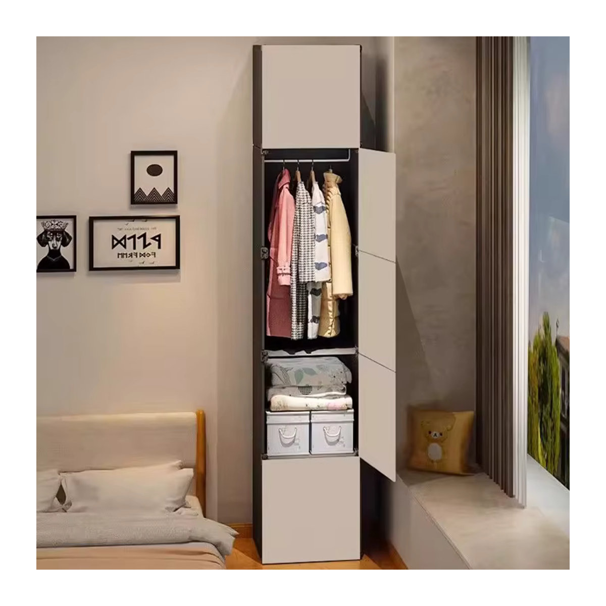 DUTRIEUX Kleiderschrank in Weiß im skandinavischen Design mit Drehtüren aus Holz und Stoff - Bild 2