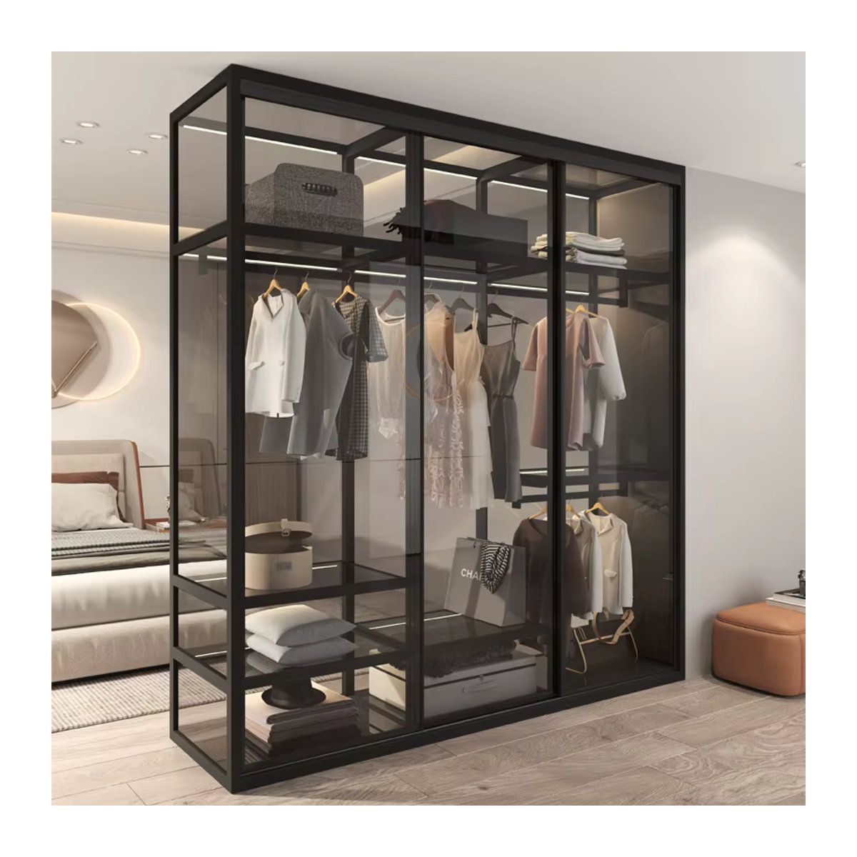DUTRIEUX Kleiderschrank mit Schwebetüren aus Metall in Schwarz mit interner Beleuchtung und minimalistischem Design - Bild 1