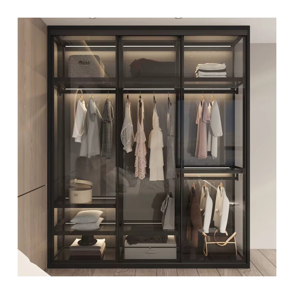 DUTRIEUX Kleiderschrank mit Schwebetüren aus Metall in Schwarz mit interner Beleuchtung und minimalistischem Design - Bild 2