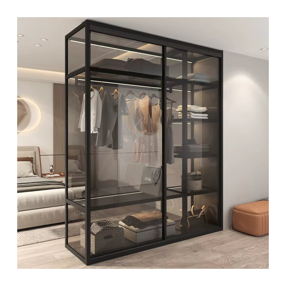 DUTRIEUX Kleiderschrank mit Schwebetüren aus Metall in Schwarz mit interner Beleuchtung und minimalistischem Design - Bild 3