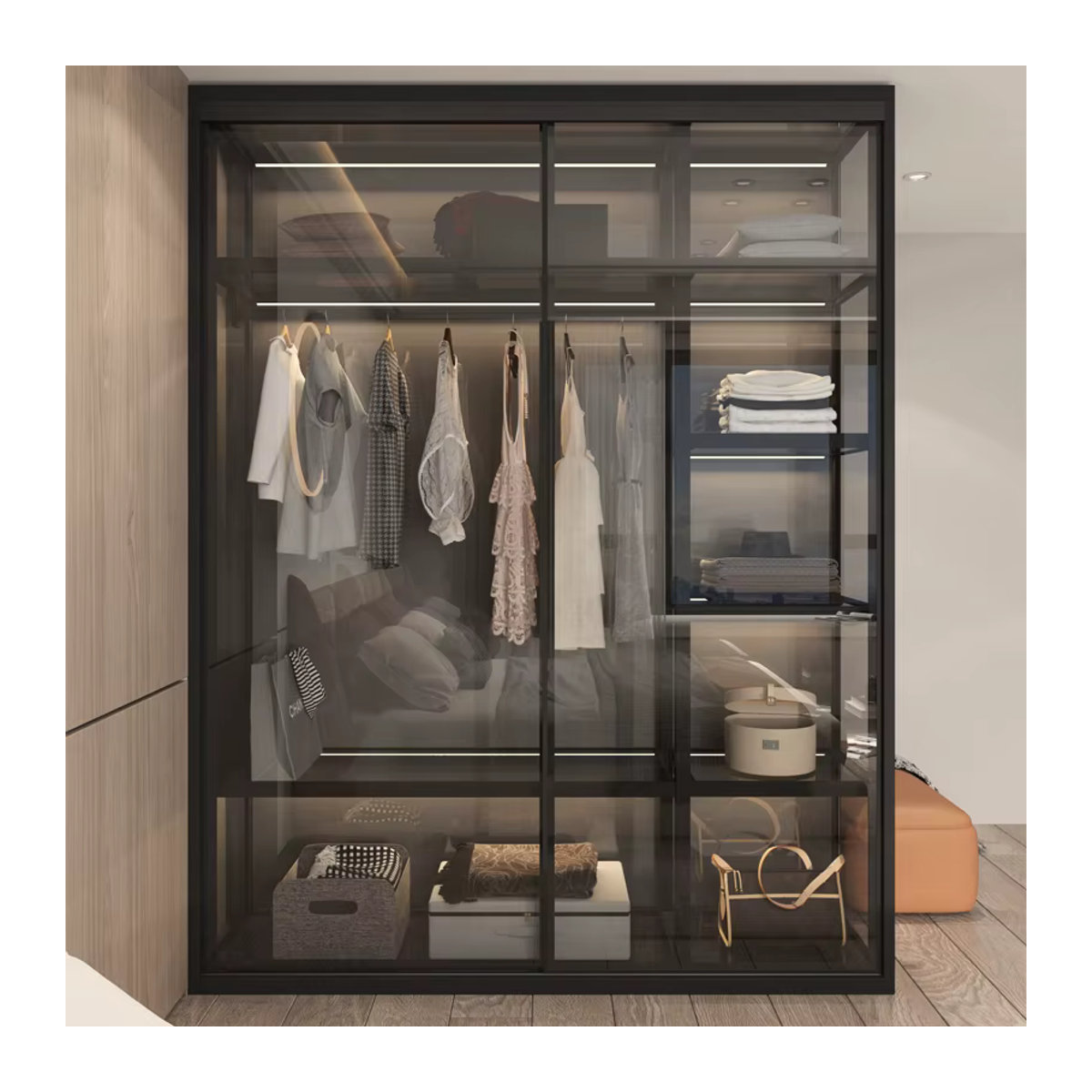 DUTRIEUX Kleiderschrank mit Schwebetüren aus Metall in Schwarz mit interner Beleuchtung und minimalistischem Design - Bild 4