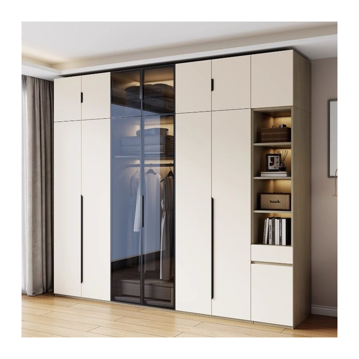 DUTRIEUX Minimalistischer Kleiderschrank aus Holz mit Glastüren und Innenbeleuchtung in Beige oder Weiß - Bild 1