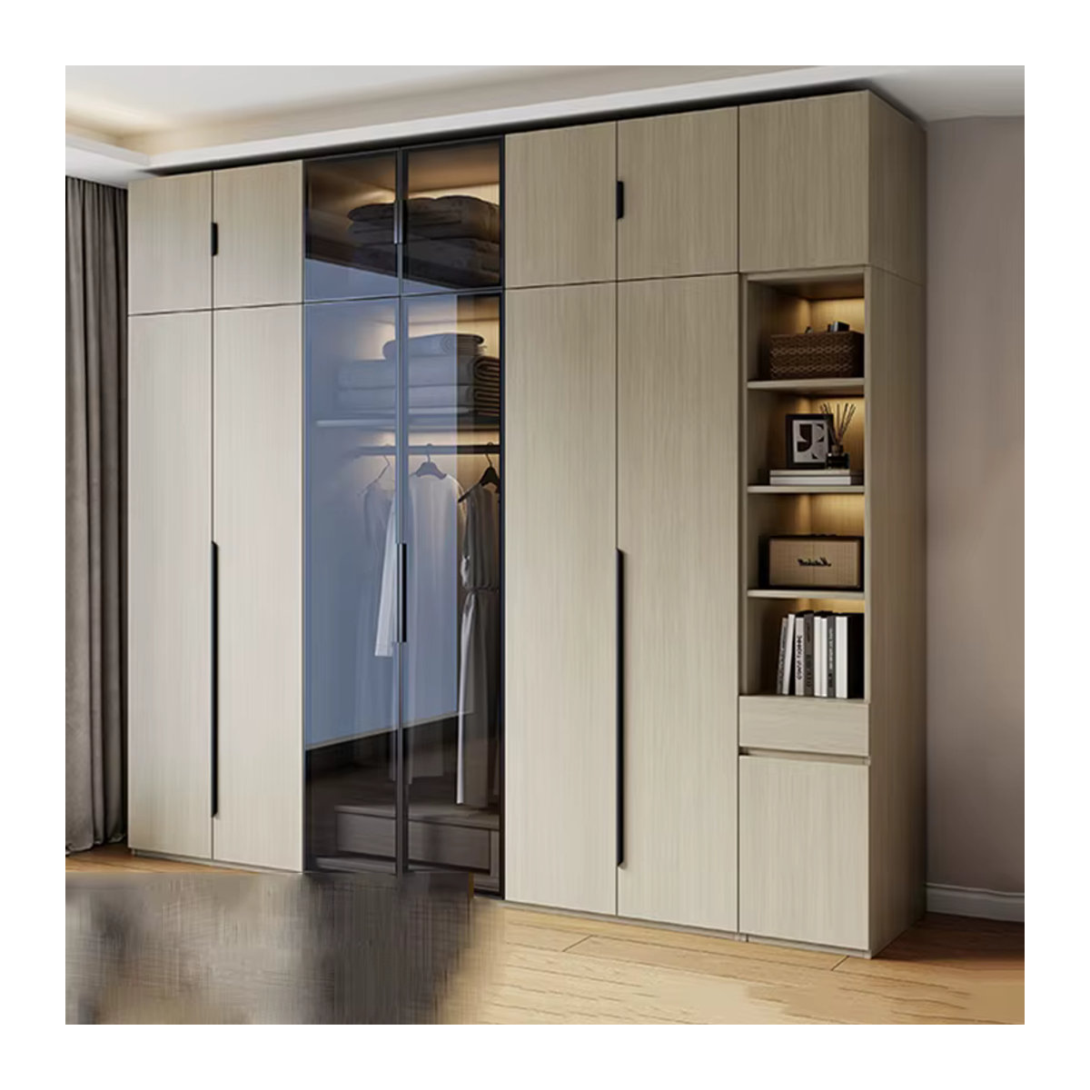 DUTRIEUX Minimalistischer Kleiderschrank aus Holz mit Glastüren und Innenbeleuchtung in Beige oder Weiß - Bild 2