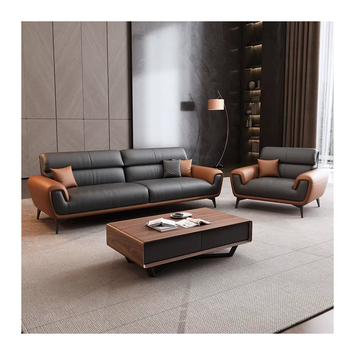 DUTRIEUX Nordic Leder Sofa in Schwarz mit Hocker im skandinavischen Design - Bild 3