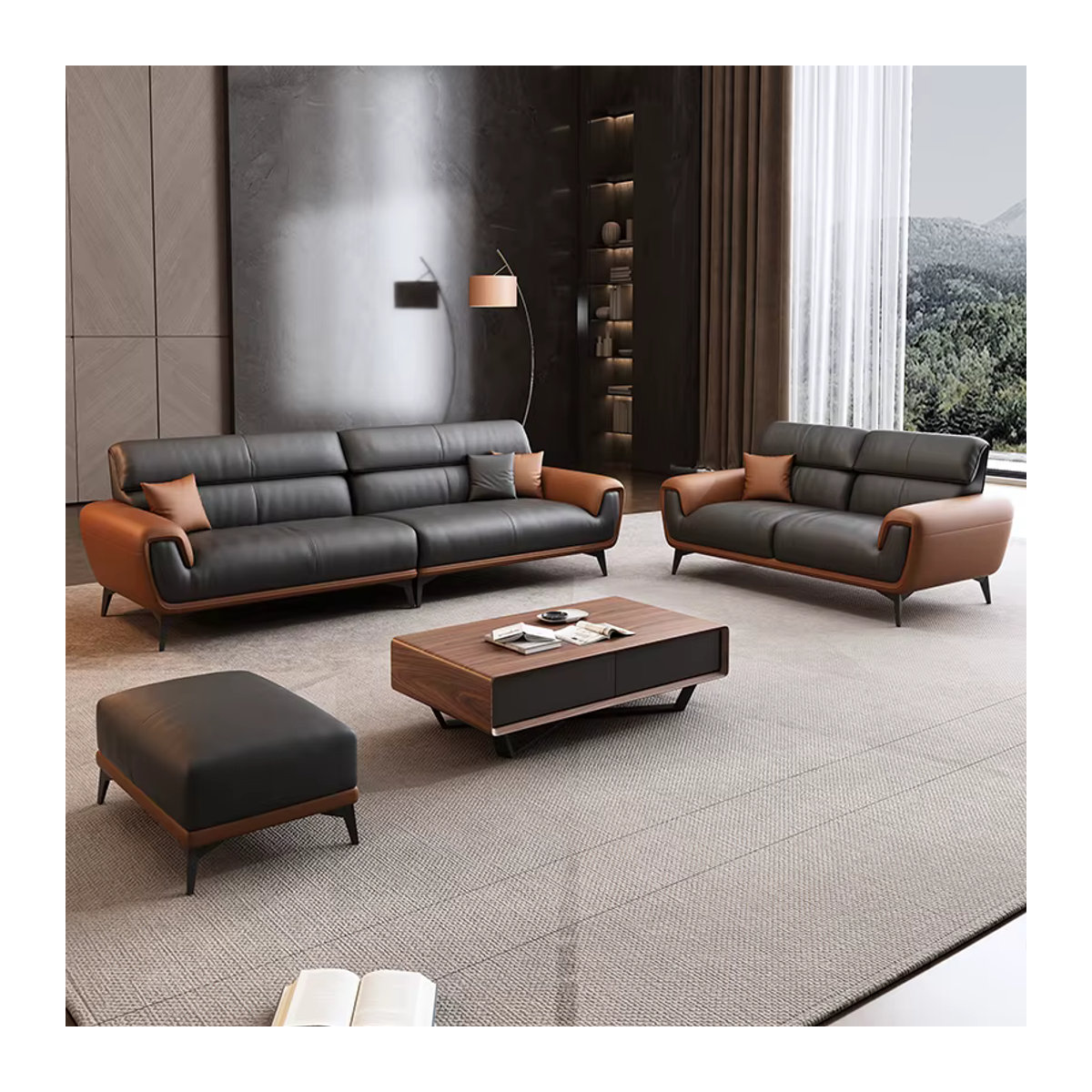 DUTRIEUX Nordic Leder Sofa in Schwarz mit Hocker im skandinavischen Design - Bild 4