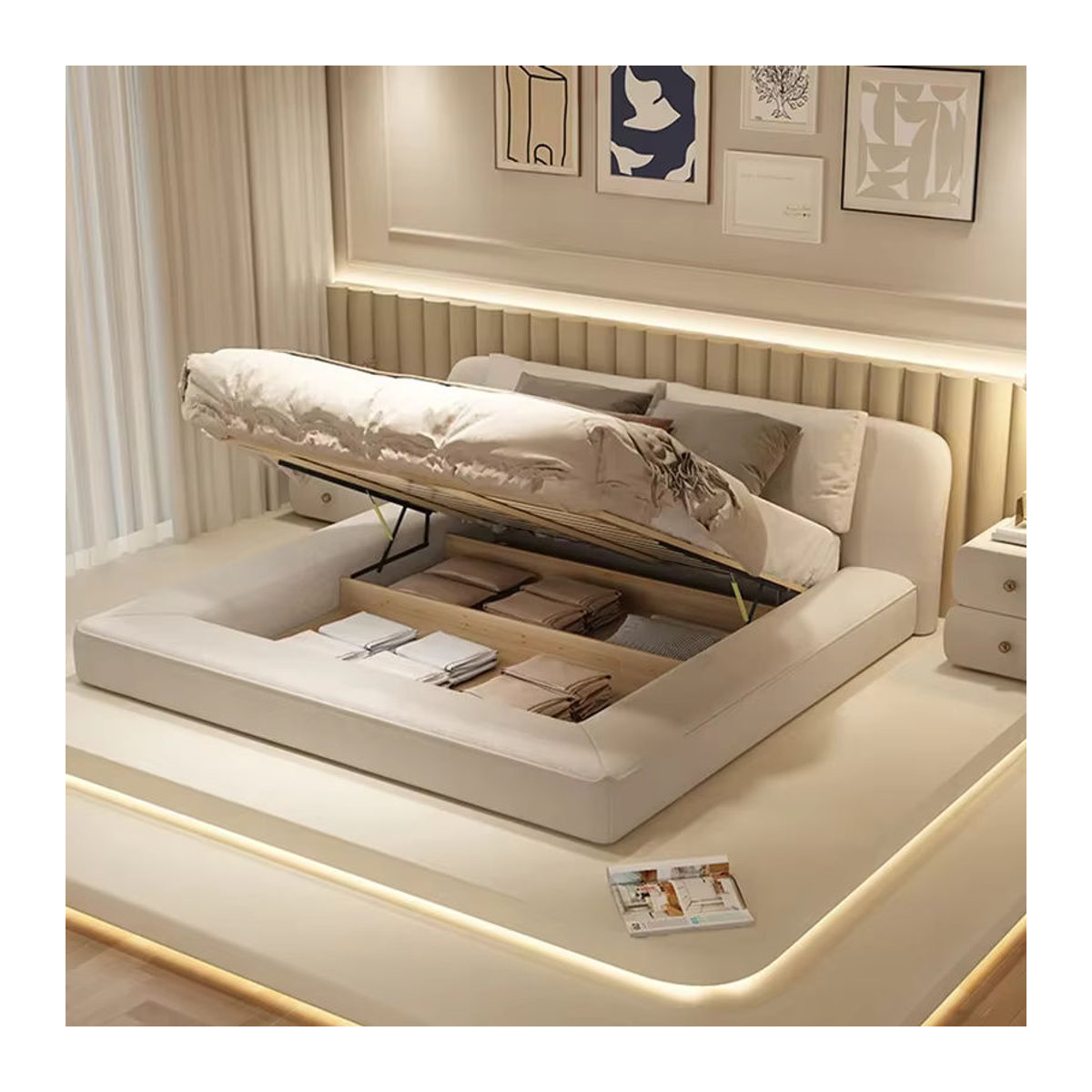 DUTRIEUX Queen-Size Funktionsbett in Beige mit Polsterung und Stauraum, modernes und minimalistisches Schlafzimmerbett - Bild 3