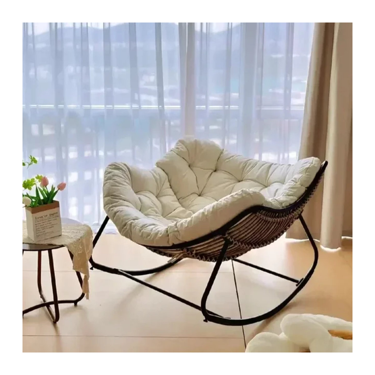 DUTRIEUX Schaukelstuhl in Vogelnestform aus Polyrattan in Weiß und Beige für Erwachsene - Bild 1
