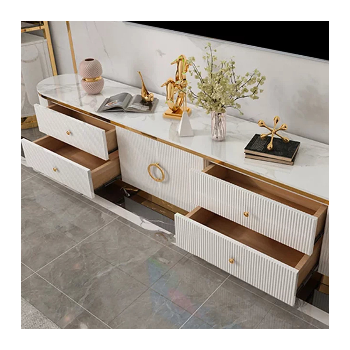 DUTRIEUX TV-Lowboard Modern in Weiß mit Marmor-Design und Schubladen - Bild 1