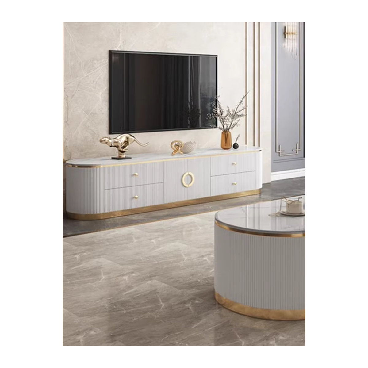 DUTRIEUX TV-Lowboard Modern in Weiß mit Marmor-Design und Schubladen - Bild 4